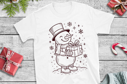 Christmas Snowman With Gift SVG | Top Hat Present Line Art SVG Tafti Art 