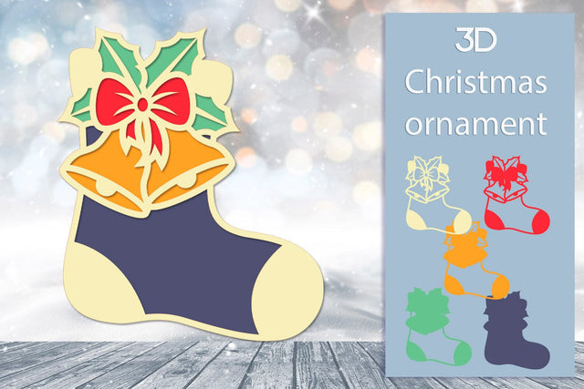Christmas sock svg, Holiday ornament with bells and holly leaves 3D Paper AnastasiyaArtDesign 