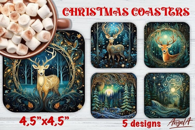 Christmas Square coaster, Christmas scene, Christmas deer Sublimation Angelina Semenova 