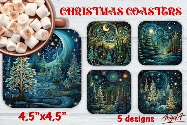 Christmas Square coaster, Christmas scene, winter forest Sublimation Angelina Semenova 