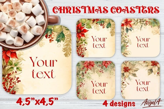 Christmas Square coaster, floral coaster images poinsettia Sublimation Angelina Semenova 