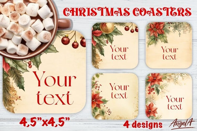 Christmas Square coaster, floral coaster images poinsettia Sublimation Angelina Semenova 