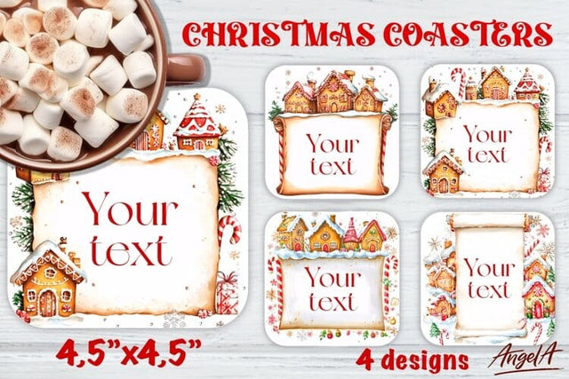Christmas Square coaster, gingerbread houses, winter village Sublimation Angelina Semenova 