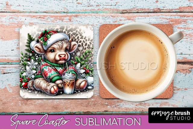 Christmas Square Coaster - Highland Cow Coaster Sublimation Sublimation OrangeBrushStudio 