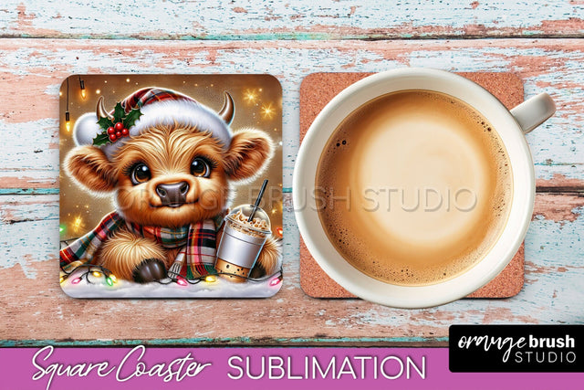 Christmas Square Coaster - Highland Cow Coaster Sublimation Sublimation OrangeBrushStudio 