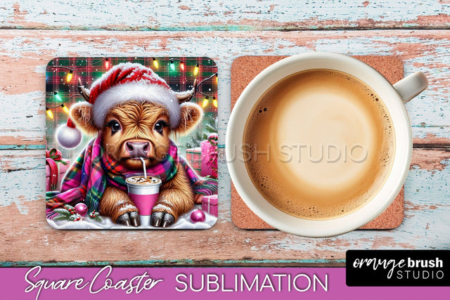 Christmas Square Coaster - Highland Cow Coaster Sublimation Sublimation OrangeBrushStudio 