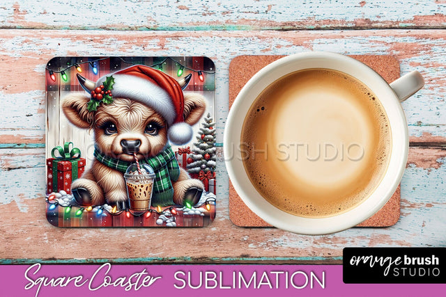 Christmas Square Coaster - Highland Cow Coaster Sublimation Sublimation OrangeBrushStudio 