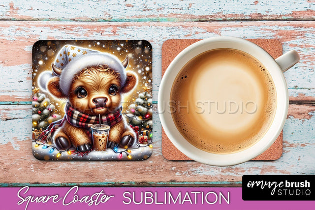 Christmas Square Coaster - Highland Cow Coaster Sublimation Sublimation OrangeBrushStudio 