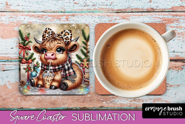 Christmas Square Coaster - Highland Cow Coaster Sublimation Sublimation OrangeBrushStudio 
