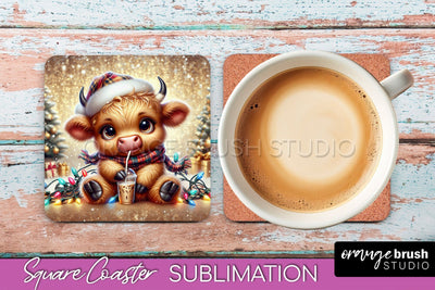 Christmas Square Coaster - Highland Cow Coaster Sublimation Sublimation OrangeBrushStudio 