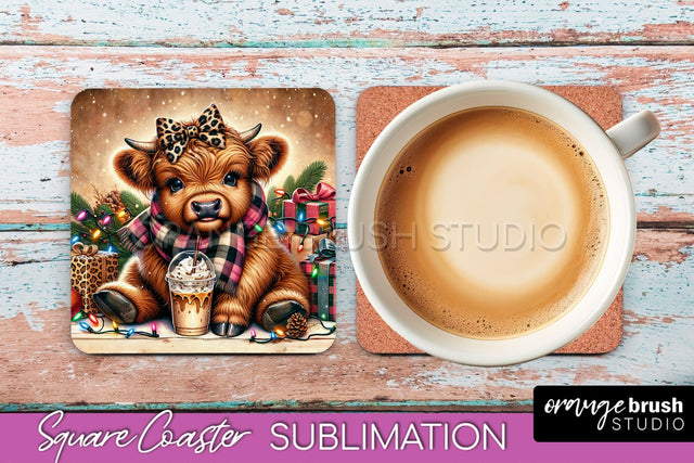 Christmas Square Coaster - Highland Cow Coaster Sublimation Sublimation OrangeBrushStudio 