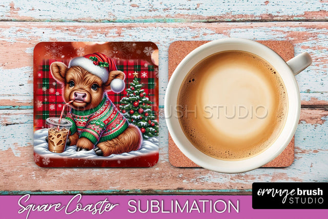 Christmas Square Coaster - Highland Cow Coaster Sublimation Sublimation OrangeBrushStudio 