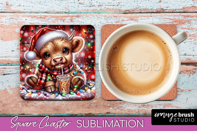 Christmas Square Coaster - Highland Cow Coaster Sublimation Sublimation OrangeBrushStudio 