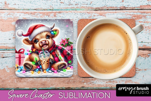 Christmas Square Coaster - Highland Cow Coaster Sublimation Sublimation OrangeBrushStudio 