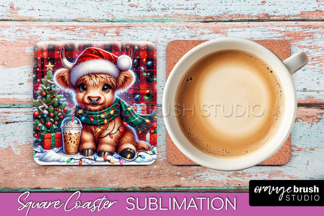 Christmas Square Coaster - Highland Cow Coaster Sublimation Sublimation OrangeBrushStudio 