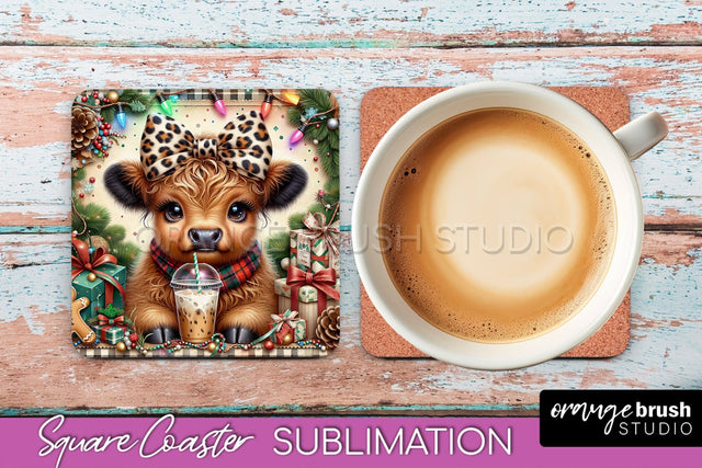 Christmas Square Coaster - Highland Cow Coaster Sublimation Sublimation OrangeBrushStudio 