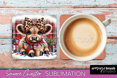 Christmas Square Coaster - Highland Cow Coaster Sublimation Sublimation OrangeBrushStudio 