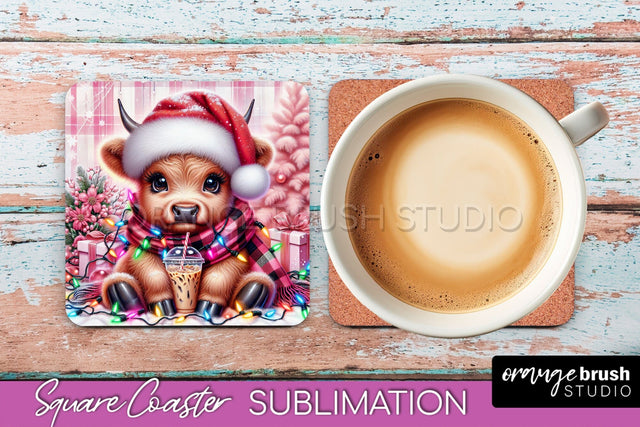 Christmas Square Coaster - Highland Cow Coaster Sublimation Sublimation OrangeBrushStudio 