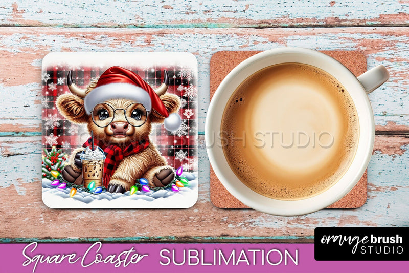 Christmas Square Coaster - Highland Cow Coaster Sublimation Sublimation OrangeBrushStudio 