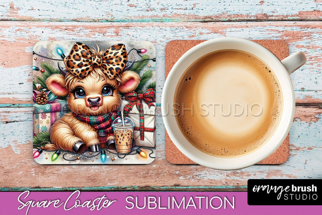 Christmas Square Coaster - Highland Cow Coaster Sublimation Sublimation OrangeBrushStudio 