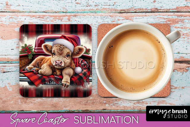 Christmas Square Coaster - Highland Cow Coaster Sublimation Sublimation OrangeBrushStudio 
