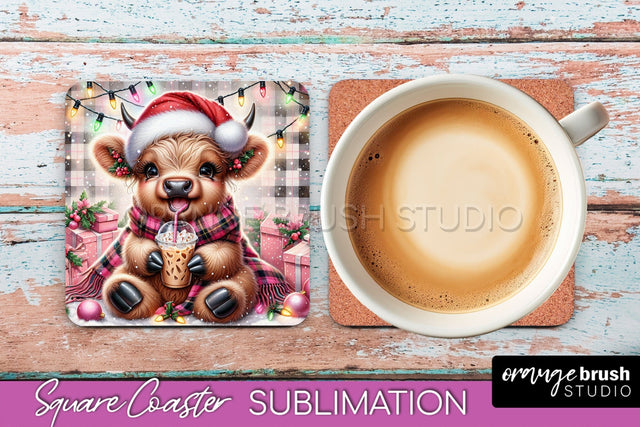 Christmas Square Coaster - Highland Cow Coaster Sublimation Sublimation OrangeBrushStudio 
