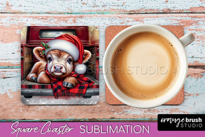 Christmas Square Coaster - Highland Cow Coaster Sublimation Sublimation OrangeBrushStudio 