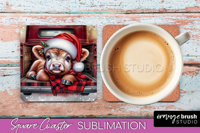 Christmas Square Coaster - Highland Cow Coaster Sublimation Sublimation OrangeBrushStudio 