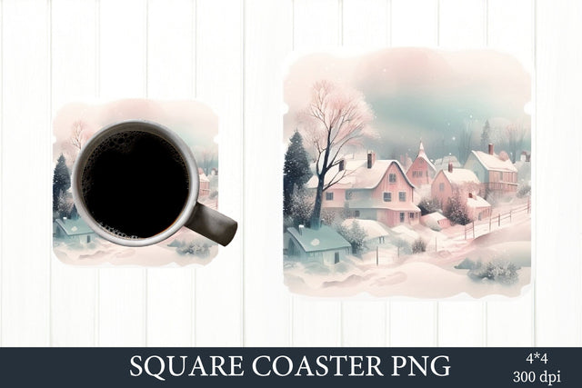 Christmas Square Coaster PNG. Christmas Village Scene Water Sublimation Olga Terlyanskaya 