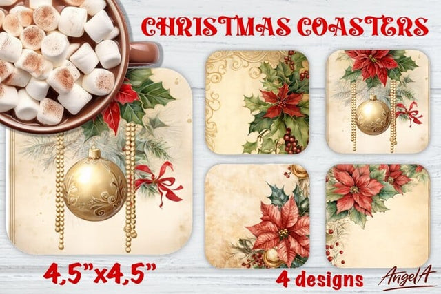 Christmas Square coaster, poinsettia, floral coaster images Sublimation Angelina Semenova 
