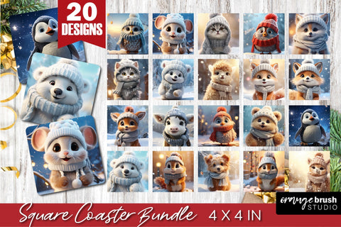 Christmas Square Coaster Sublimation Bundle, Cute Animals Sublimation OrangeBrushStudio 