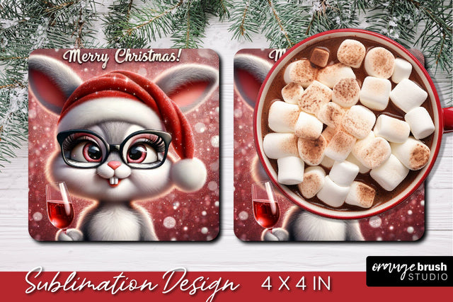 Christmas Square Coaster Sublimation, Christmas Bunny Design Sublimation OrangeBrushStudio 