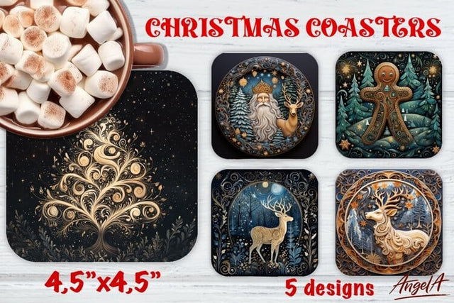 Christmas Square coaster sublimation, deer, Christmas tree Sublimation Angelina Semenova 