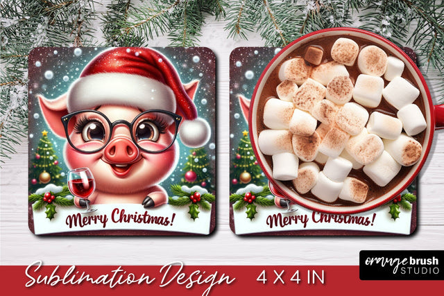 Christmas Square Coaster Sublimation, Funny Pig PNG Design Sublimation OrangeBrushStudio 