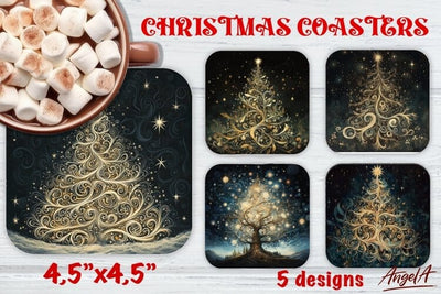 Christmas Square coaster sublimation, Gold Christmas tree Sublimation Angelina Semenova 