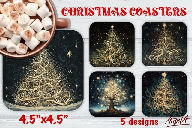 Christmas Square coaster sublimation, Gold Christmas tree Sublimation Angelina Semenova 