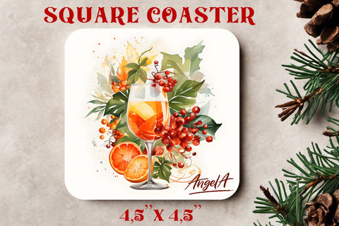 Christmas square coaster sublimation / watercolor wine glass Sublimation Angelina Semenova 