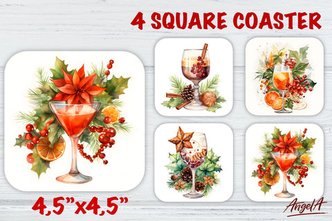 Christmas square coaster sublimation / watercolor wine glass Sublimation Angelina Semenova 