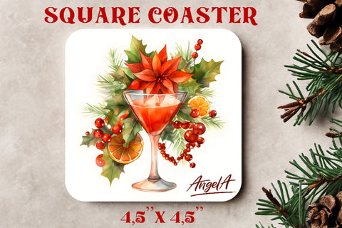 Christmas square coaster sublimation / watercolor wine glass Sublimation Angelina Semenova 