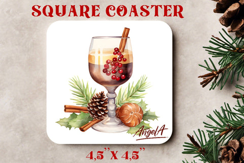 Christmas square coaster sublimation / watercolor wine glass Sublimation Angelina Semenova 