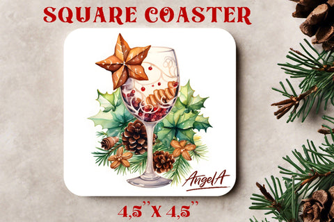 Christmas square coaster sublimation / watercolor wine glass Sublimation Angelina Semenova 