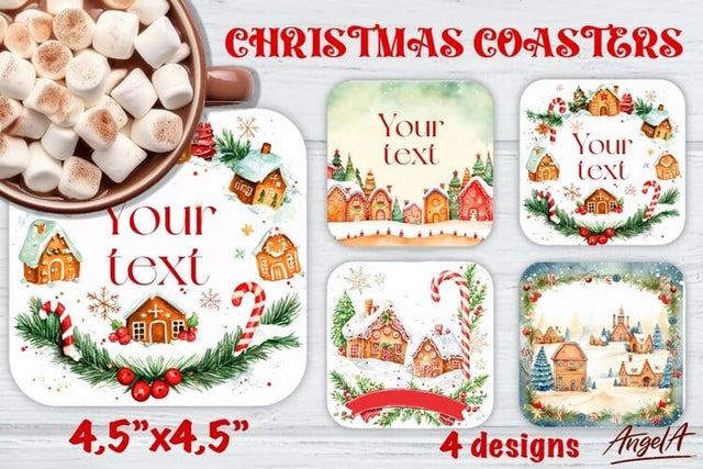 Christmas Square coaster, winter village, gingerbread houses Sublimation Angelina Semenova 