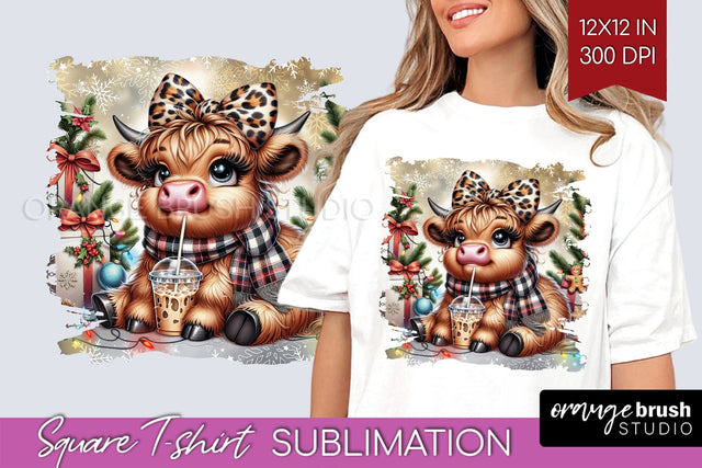 Christmas Square Tshirt Background, Highland Cow Sublimation Sublimation OrangeBrushStudio 