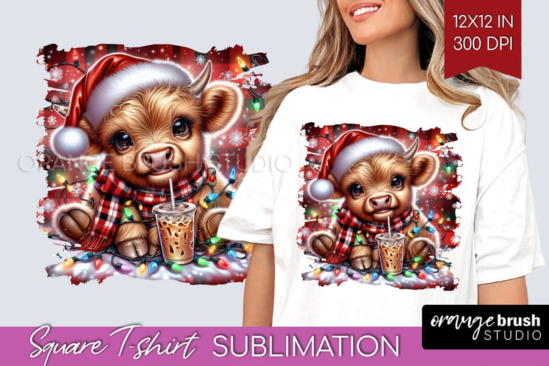 Christmas Square Tshirt Background, Highland Cow Sublimation Sublimation OrangeBrushStudio 