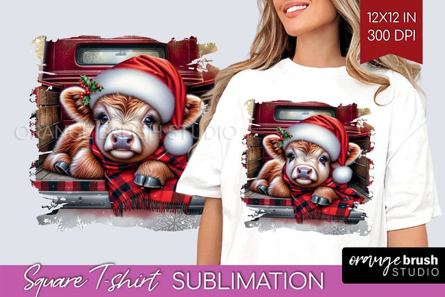 Christmas Square Tshirt Background, Highland Cow Sublimation Sublimation OrangeBrushStudio 