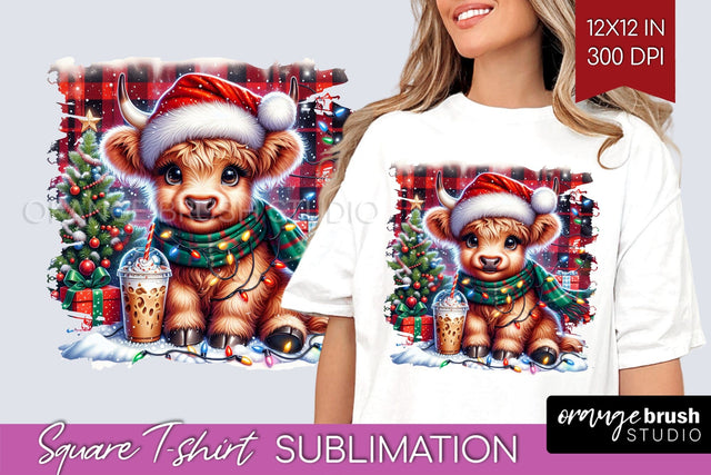 Christmas Square Tshirt Background, Highland Cow Sublimation Sublimation OrangeBrushStudio 