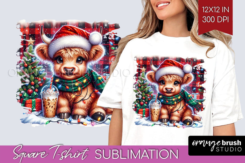 Christmas Square Tshirt Background, Highland Cow Sublimation Sublimation OrangeBrushStudio 