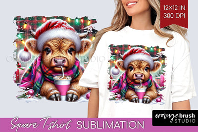 Christmas Square Tshirt Background, Highland Cow Sublimation Sublimation OrangeBrushStudio 