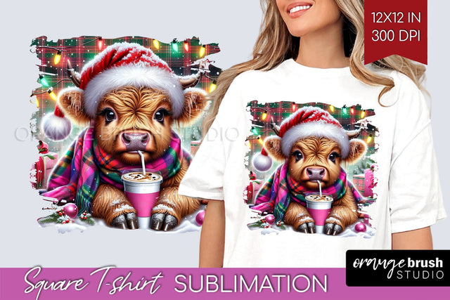 Christmas Square Tshirt Background, Highland Cow Sublimation Sublimation OrangeBrushStudio 