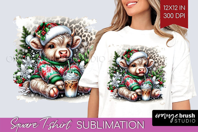Christmas Square Tshirt Background, Highland Cow Sublimation Sublimation OrangeBrushStudio 